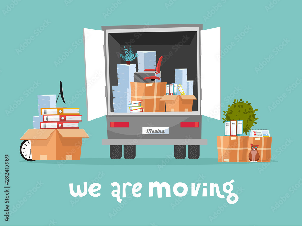 Corporate Moving into new office Concept. Business Relocation in new place. Things in Box in Truck set. Moving Furniture. Van with monitor and stacks of folders. flat cartoon illustration