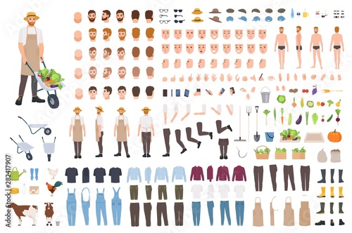 Farmer or agricultural worker constructor set or avatar generator. Bundle of male character body parts, emotions, clothes, working tools isolated on white background. Flat cartoon vector illustration.