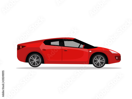 Side view of red sport car. Modern detailed car. Red sedan vehicle. Modern automobile, people transportation. flat cartoon illustration isolated on white background © LanaSham
