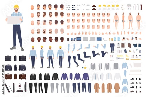 Architect or engineer DIY kit. Collection of male cartoon character body parts, facial expressions, gestures, clothes, working tools isolated on white background. Colorful flat vector illustration.