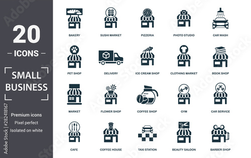 Small Business icon set. Contain filled flat market, taxi station, car wash, ice cream shop, bakery, book shop, barber shop icons. Editable format
