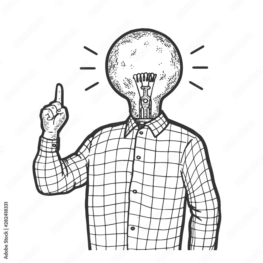 Man with lamp idea head and index forefinger up hand attention gesture