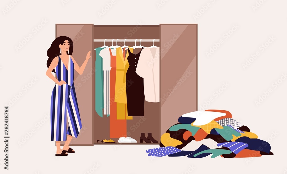 Vecteur Stock Cute girl standing in front of opened wardrobe with