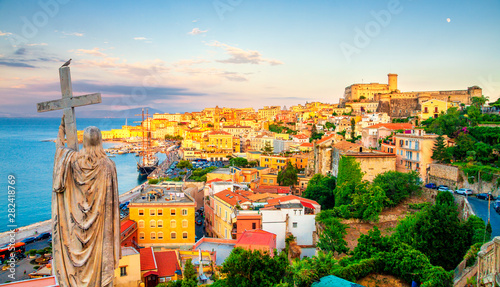 Panoramic view of Gaeta from Monte Orlando, Lazio, Italy. Cityscape of Gaeta town and statue of Saint Francesco. Architecture and landmark of Gaeta, Italy. Famous places of Gaeta and Italy