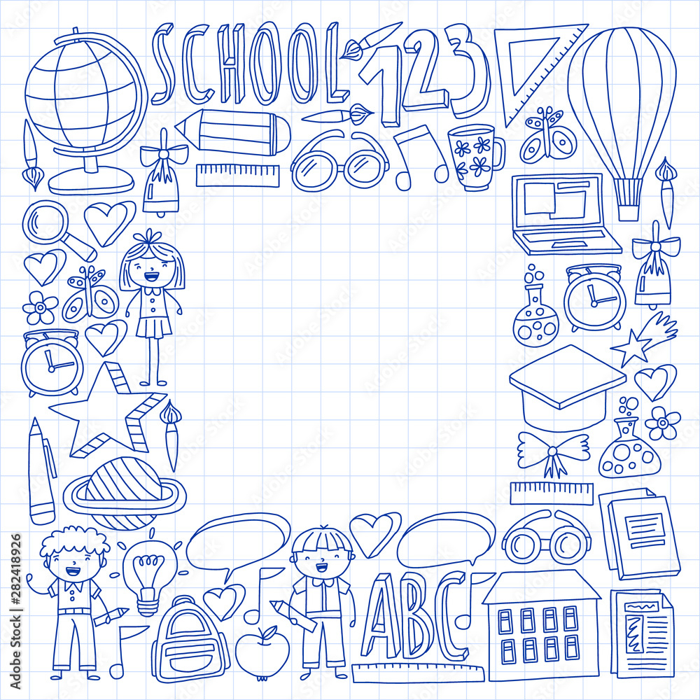 cVector set of Back to School icons in doodle style. Painted, colorful, pictures on a piece of paper on white background. Drawing by pen on squared notebook.