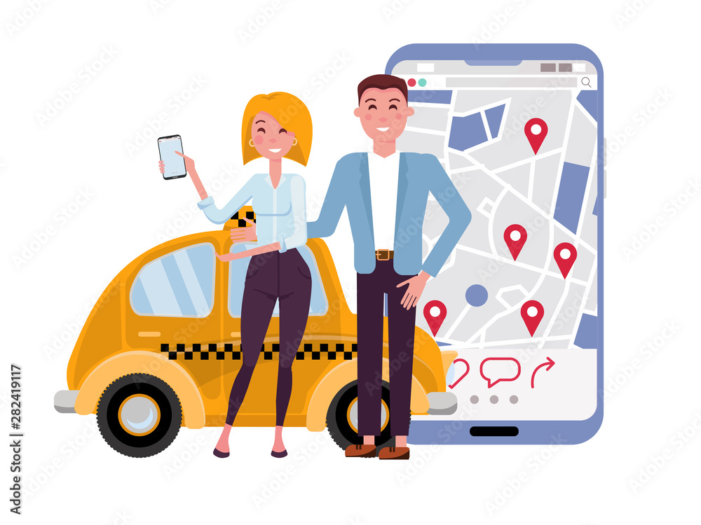 Composition of smiling men and women on the background of a small yellow taxi and a huge smartphone with a geolocation signs on map. Call a taxi by online app concept. flat cartoon illustration Composition of smiling men and women on the background of a small yellow taxi and a huge smartphone with a geolocation signs on map. Call a taxi by online app concept. flat cartoon illustration