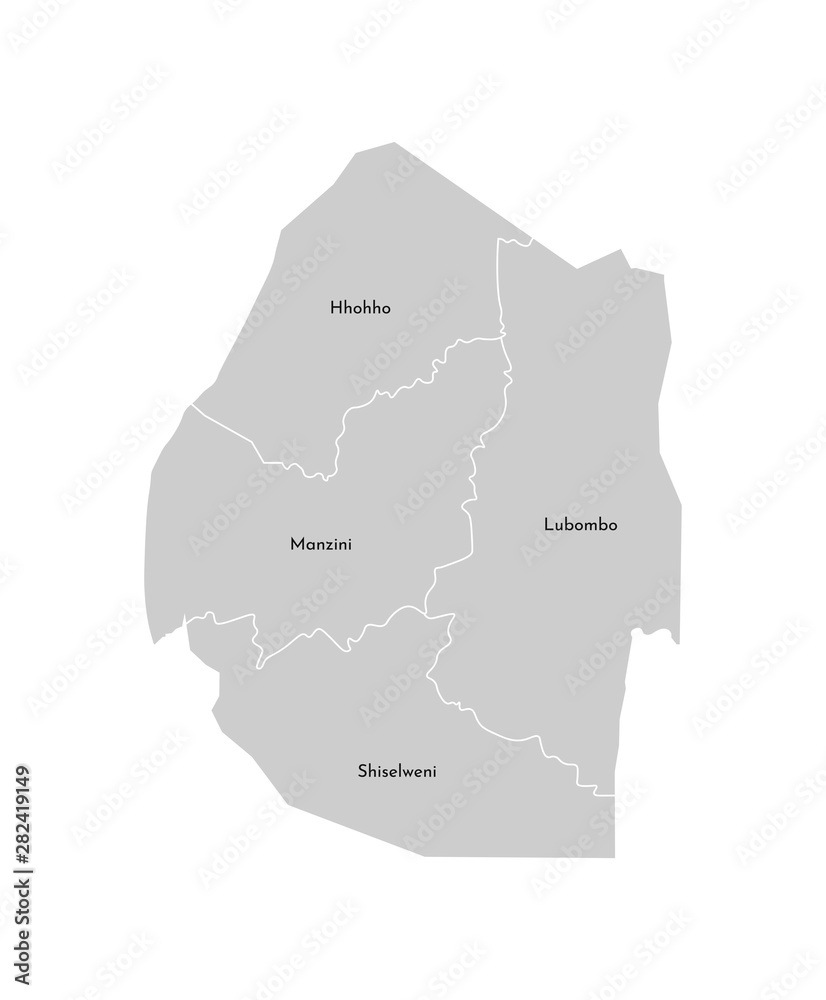 Vector isolated illustration of simplified administrative map of Eswatini (Swaziland). Borders and names of the regions. Grey silhouettes. White outline Vector isolated illustration of simplified administrative map of Eswatini (Swaziland). Borders and names of the regions. Grey silhouettes. White outline