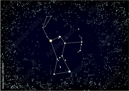 Illustration of the constellation Orion on a starry black sky background.	 photo
