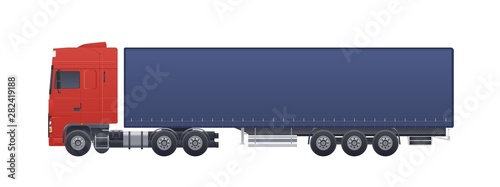Modern truck or lorry isolated on white background. Side views. Commercial road vehicle with diesel engine, automobile shipping or delivery, cargo transportation. Realistic vector illustration.