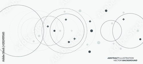 Abstract vector illustration with overlapping circles, dots and dashed circles. Science and connection concept. Wide molecule structure background.