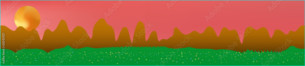 Coral sky, and mountains landscape. 