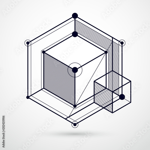 Vector abstract black and white background created in isometric mesh lines style. Mechanical scheme, vector engineering drawing with cube and mechanism parts. Perfect background for your designs