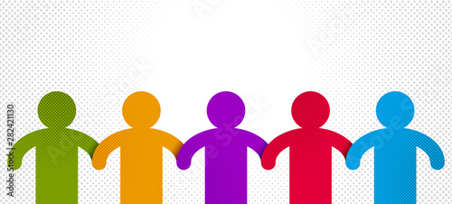 Worldwide people global society concept, different races solidarity, we stand as one, togetherness and friendship allegory, world unity cooperation, vector illustration logo or icon.