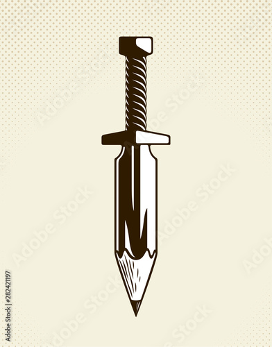 Idea is a weapon concept, weapon of a designer or artist allegory shown as sword with pencil instead of blade, creative power, vector logo or icon.