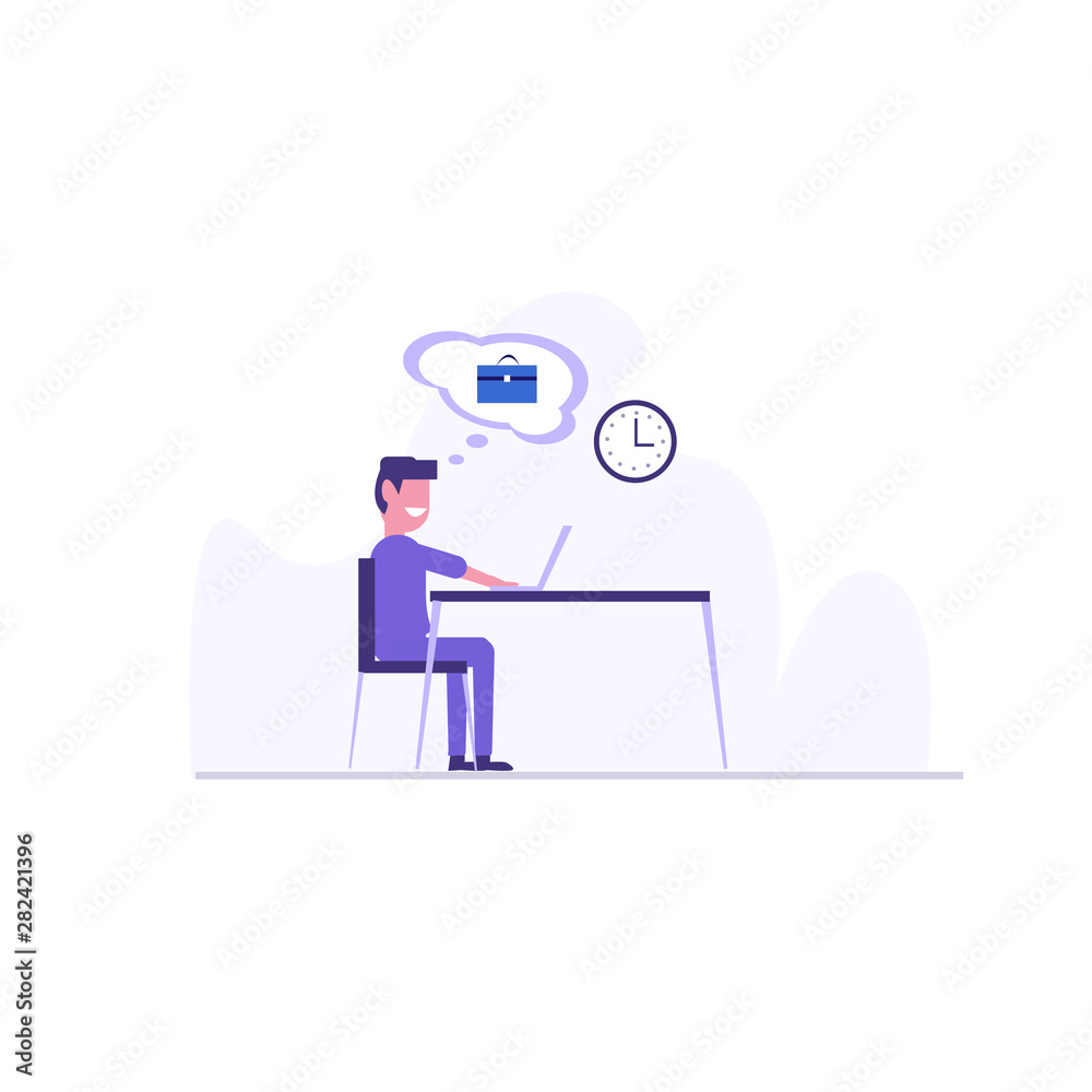 Handsome man is working at his laptop and thinking. Vector illustration. Handsome man is working at his laptop and thinking. Vector illustration.