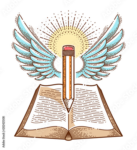 Vintage book and winged pencil education or science knowledge concept, educational or scientific literature library vector logo or emblem.