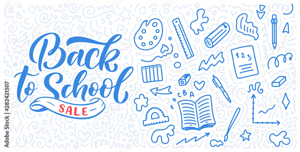 Welcome back to school lettering quote and doodle background. Template for sale tag. Hand drawn badge. Education concept. Typography emblem.