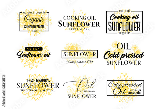 Sunflower Oil Logos Set, Technology Wildflower Logo Templates for Brabding Identty. Yellow and Black Vector Isolated Flowers Hand Drawings with Lettering and Frames