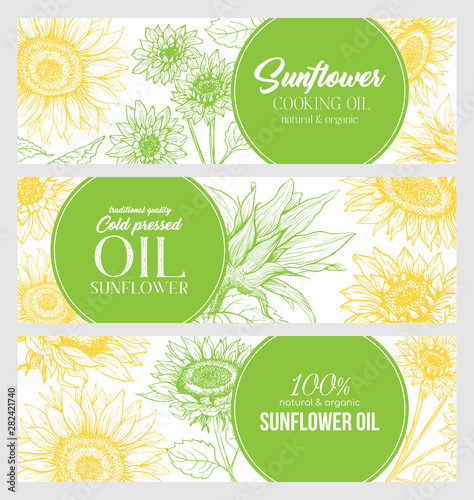 Sunflower Oil Print Template. Yellow and Orange Banners for Thanksgiving Holiday or Packaging Brand Identity. Vector Illustration