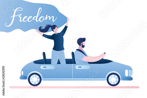 Freedom - happy free woman in cabriolet cheering joyful with arm.Transport on road.