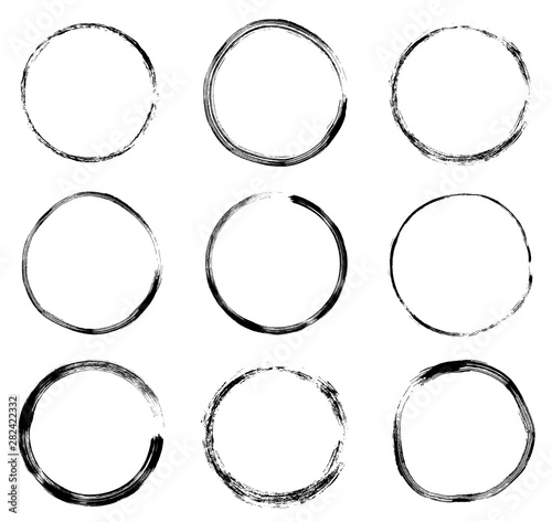 Hand drawn vector set with black doodle line circles - round grunge frames and borders elements