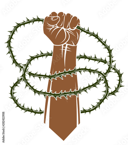 Slavery theme illustration with strong hand clenched fist fighting for freedom against blackthorn thorn, vector logo or tattoo, through the thorns to the stars concept.