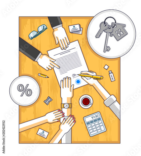 Man signs bank mortgage hypothec for real property house buying and his woman helps him to dare to make a decision and employee explains terms of loan, top view people hands and paper. Vector.