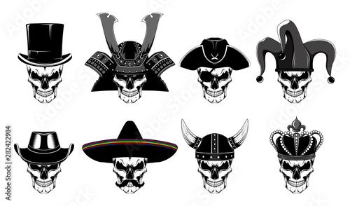 Set of vector images of skulls. Black and white images on a white background.