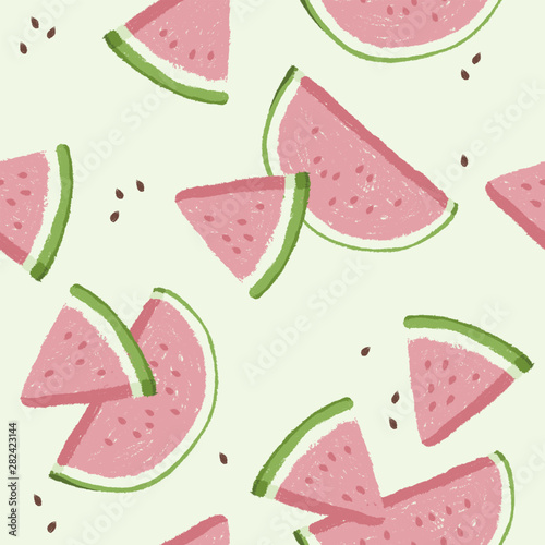 Watermelons, small and large slices. Cute pink watermelon slice design, seamless wallpaper, summer background.