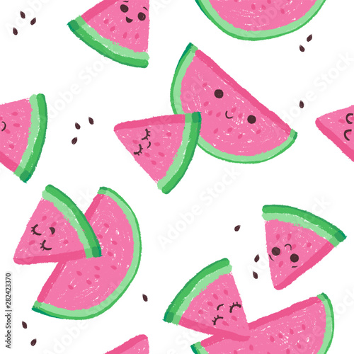 Bright watermelon seamless pattern. Summer funny vivid texture with slices and fruits