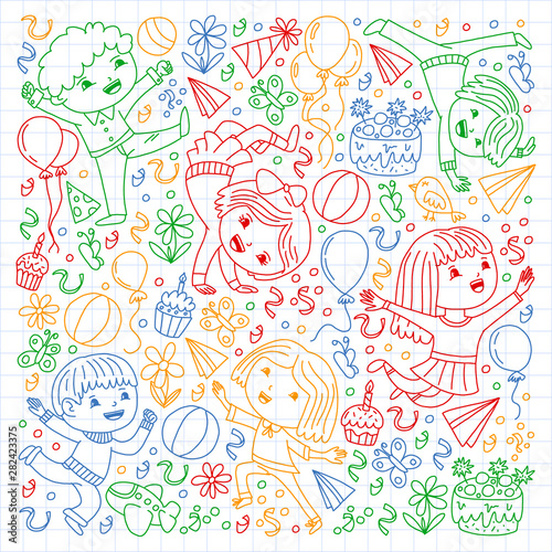 Vector illustration in cartoon style, active company of playful preschool kids jumping, at a party, birthday. Drawing by colorful pen on squared notebook.