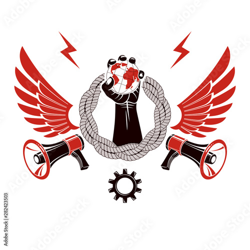Vector emblem composed with revolutionary clenched fist holding Earth surrounded by gear symbol, liberty wings and loudhailers. Propaganda as the means of influence on global public opinion.