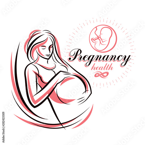 Elegant pregnant woman body silhouette drawing. Vector illustration of mother-to-be fondles her belly. Mother Day conceptual flyer