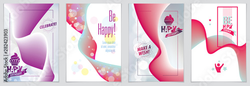 Birthday joyful and bright vector greeting card. Includes lettering composition and balloons combined with wavy fluid colorful shape abstract backgrounds collection. A4 format 