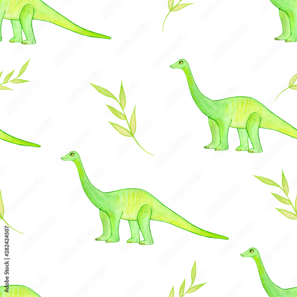 Fototapeta premium watercolor pattern with cute dinosaurs and twigs