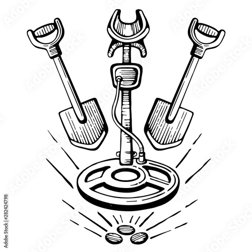 Metal detector with shovels treasure hunt emblem