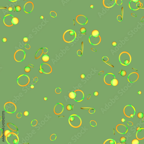Seamless pattern of flying colored balls and rings. 3D illustration
