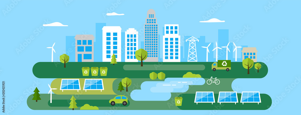Green eco city banner, environment protection, alternative energy and ecology concept 
