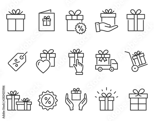 Gift box line icons set. Black vector illustration. Editable stroke.