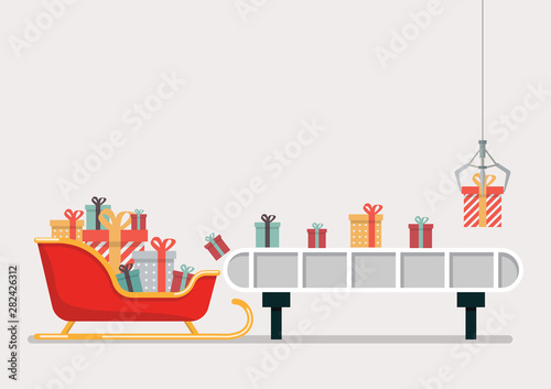 Robotic claw put a gift box on the engine belt