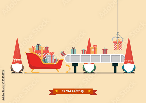 Santa sleigh with piles of presents waiting a gift boxes from robot machine photo