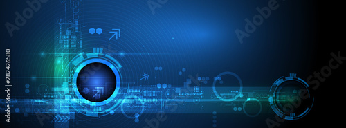 Vector Abstract futuristic eyeball on circuit board, Illustration high computer and Communication technology on blue color background. Hi-tech digital technology,global social media concept
