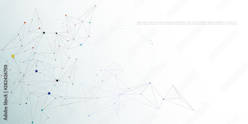 Abstract Molecules with line, node, geometric, low poly, polygon and triangle. Vector design network connection technology on bright gray background. Futuristic, science,  network technology concept