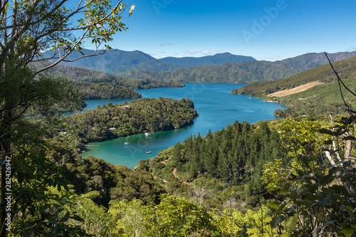 Looking across the beautiful and stunning Marlborough Sound and the surrounding hills at the top of the South Island, New Zealand on a sunny day.