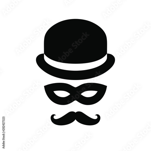 Unknown person sign. Anonymous man with moustaches in bowler hat and black mask. Graphic icon isolated on white background. Vector illustration