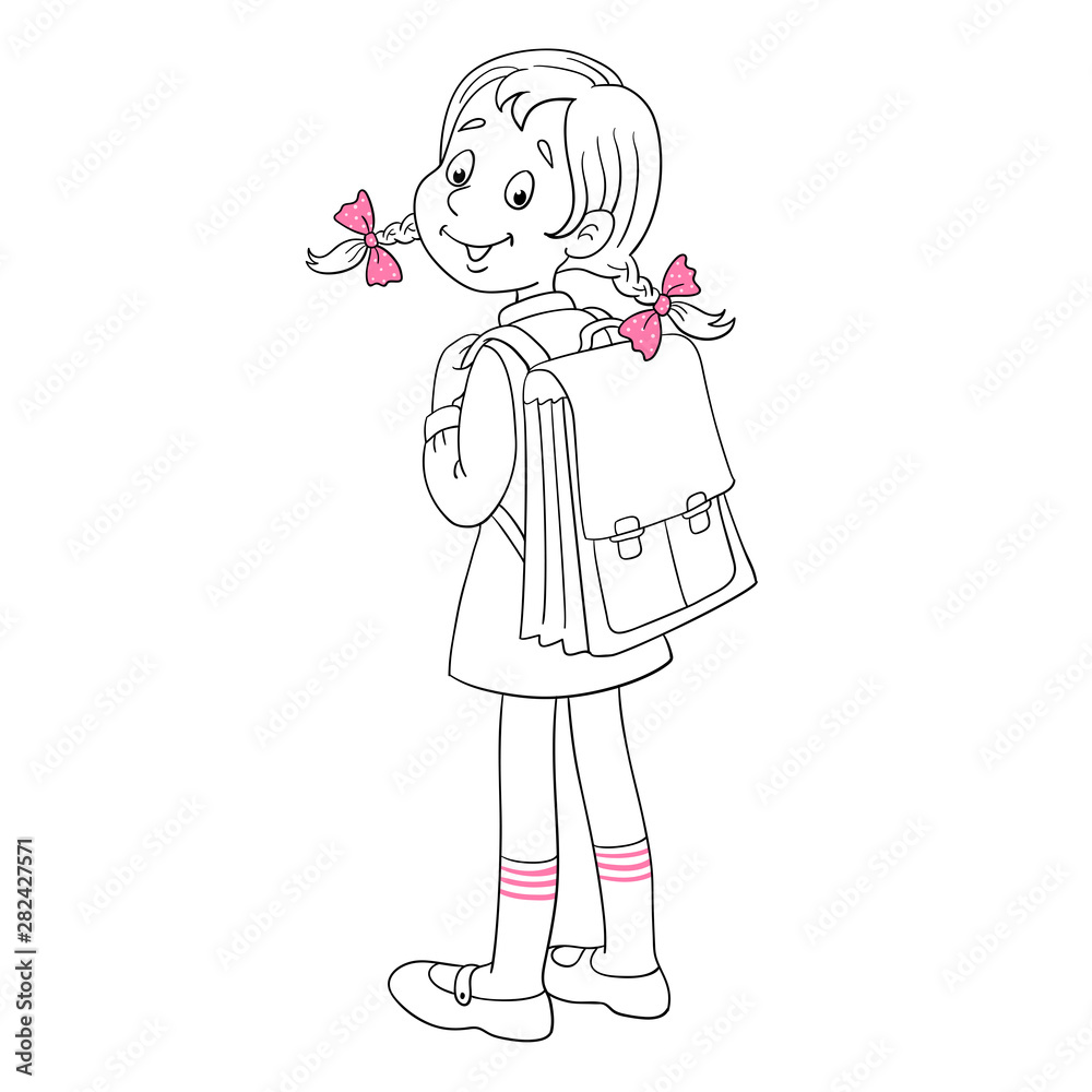 Little cute girl with a big school backpack. Black and white picture with pink accent. In cartoon style. Isolated on white background. For coloring book. Little cute girl with a big school backpack. Black and white picture with pink accent. In cartoon style. Isolated on white background. For coloring book.