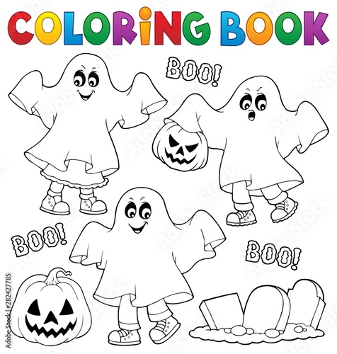 Coloring book kids in ghost costumes 1