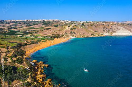 Ramla bay on Gozo island. Aerial view from Tal-Mixta Cave. Malta