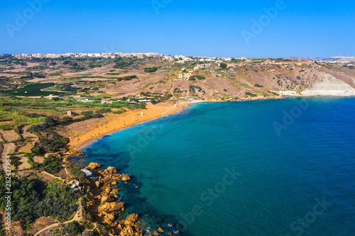 Ramla bay. Gozo island. Aerial view from Tal-Mixta Cave. Malta island