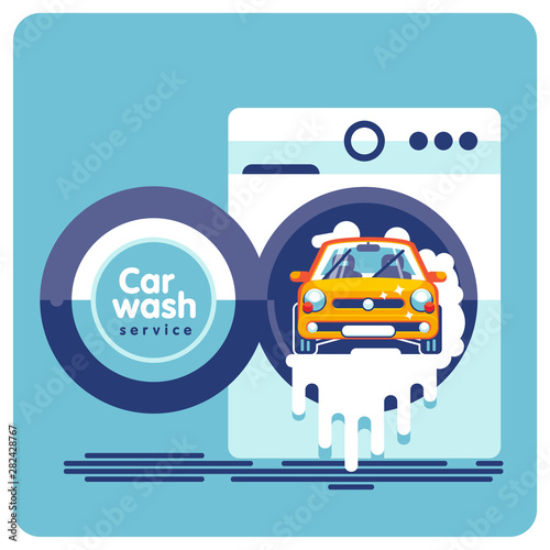 An orange car drives out of a white drum-type washing machine. Contactless automatic car wash.